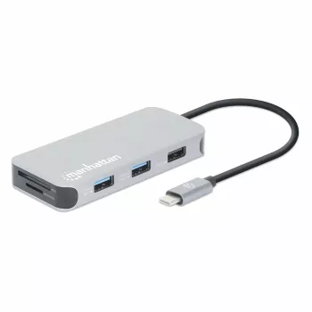 Manhattan USB-C dokstacija/cents ar karšu lasītāju, pieslēgvietas (x6): Ethernet, HDMI, USB-A (x3) un USB-C, ar strāvas padevi (100 W) USB-C pieslēgvietai (piezīme: nepieciešams papildu USB-C sienas lādētājs un USB-C kabelis), universāla visām ierīcēm, kabelis 15 cm, alumīnijs, sudraba