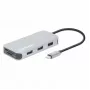 Manhattan USB-C dokstacija/cents ar karšu lasītāju, pieslēgvietas (x6): Ethernet, HDMI, USB-A (x3) un USB-C, ar strāvas padevi (100 W) USB-C pieslēgvietai (piezīme: nepieciešams papildu USB-C sienas lādētājs un USB-C kabelis), universāla visām ierīcēm, kabelis 15 cm, alumīnijs, sudraba