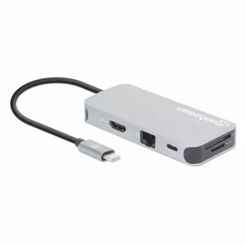 Manhattan USB-C dokstacija/cents ar karšu lasītāju, pieslēgvietas (x6): Ethernet, HDMI, USB-A (x3) un USB-C, ar strāvas padevi (100 W) USB-C pieslēgvietai (piezīme: nepieciešams papildu USB-C sienas lādētājs un USB-C kabelis), universāla visām ierīcēm, kabelis 15 cm, alumīnijs, sudraba