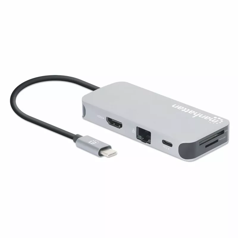 Manhattan USB-C dokstacija/cents ar karšu lasītāju, pieslēgvietas (x6): Ethernet, HDMI, USB-A (x3) un USB-C, ar strāvas padevi (100 W) USB-C pieslēgvietai (piezīme: nepieciešams papildu USB-C sienas lādētājs un USB-C kabelis), universāla visām ierīcēm, kabelis 15 cm, alumīnijs, sudraba