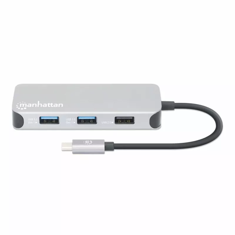 Manhattan USB-C dokstacija/cents ar karšu lasītāju, pieslēgvietas (x6): Ethernet, HDMI, USB-A (x3) un USB-C, ar strāvas padevi (100 W) USB-C pieslēgvietai (piezīme: nepieciešams papildu USB-C sienas lādētājs un USB-C kabelis), universāla visām ierīcēm, kabelis 15 cm, alumīnijs, sudraba
