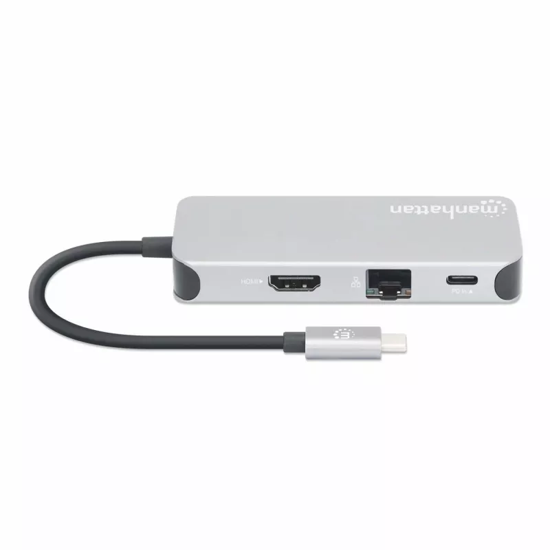 Manhattan USB-C dokstacija/cents ar karšu lasītāju, pieslēgvietas (x6): Ethernet, HDMI, USB-A (x3) un USB-C, ar strāvas padevi (100 W) USB-C pieslēgvietai (piezīme: nepieciešams papildu USB-C sienas lādētājs un USB-C kabelis), universāla visām ierīcēm, kabelis 15 cm, alumīnijs, sudraba