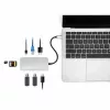 Manhattan USB-C dokstacija/cents ar karšu lasītāju, pieslēgvietas (x6): Ethernet, HDMI, USB-A (x3) un USB-C, ar strāvas padevi (100 W) USB-C pieslēgvietai (piezīme: nepieciešams papildu USB-C sienas lādētājs un USB-C kabelis), universāla visām ierīcēm, kabelis 15 cm, alumīnijs, sudraba