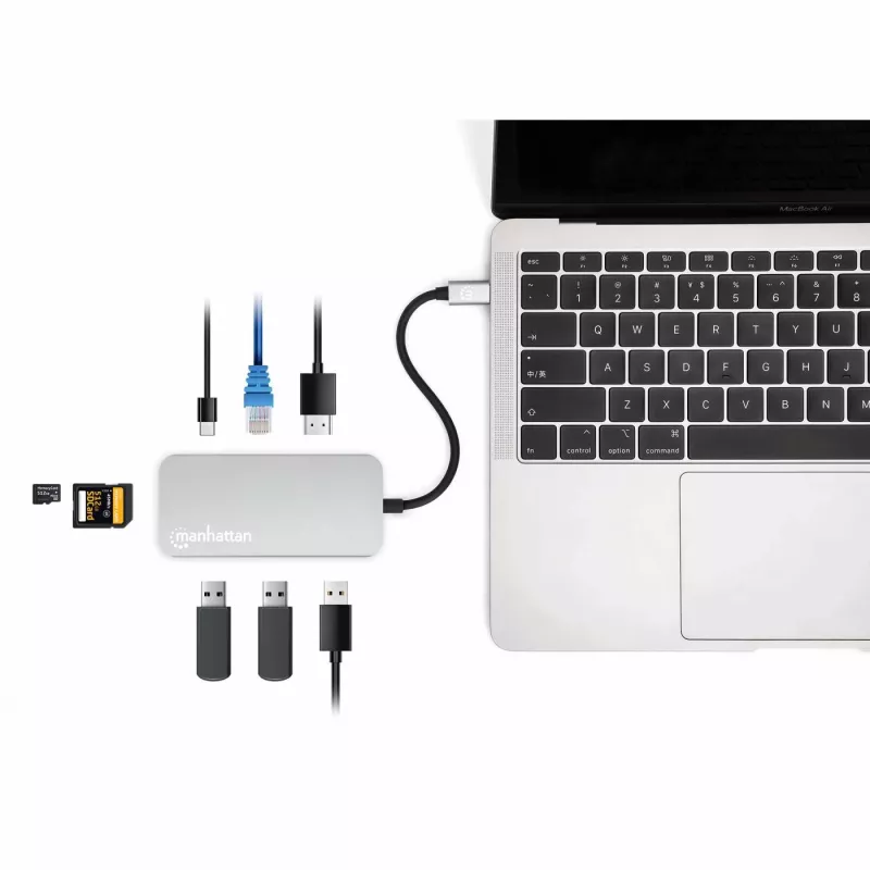 Manhattan USB-C dokstacija/cents ar karšu lasītāju, pieslēgvietas (x6): Ethernet, HDMI, USB-A (x3) un USB-C, ar strāvas padevi (100 W) USB-C pieslēgvietai (piezīme: nepieciešams papildu USB-C sienas lādētājs un USB-C kabelis), universāla visām ierīcēm, kabelis 15 cm, alumīnijs, sudraba