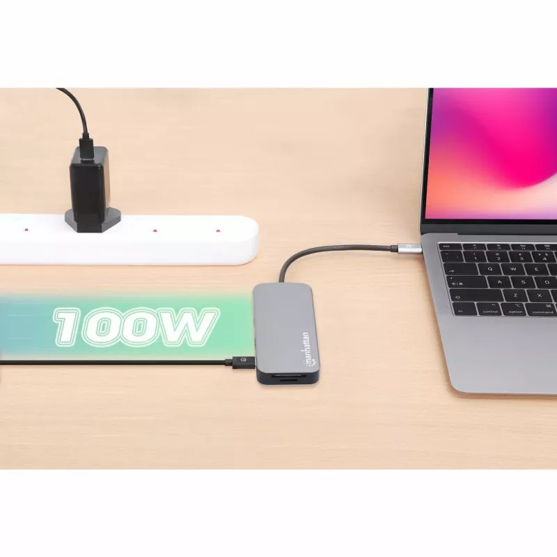 Manhattan USB-C dokstacija/cents ar karšu lasītāju, pieslēgvietas (x6): Ethernet, HDMI, USB-A (x3) un USB-C, ar strāvas padevi (100 W) USB-C pieslēgvietai (piezīme: nepieciešams papildu USB-C sienas lādētājs un USB-C kabelis), universāla visām ierīcēm, kabelis 15 cm, alumīnijs, sudraba