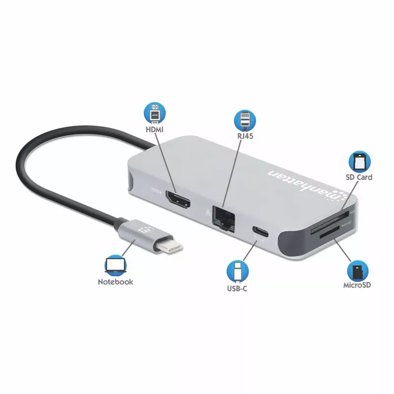 Manhattan USB-C dokstacija/cents ar karšu lasītāju, pieslēgvietas (x6): Ethernet, HDMI, USB-A (x3) un USB-C, ar strāvas padevi (100 W) USB-C pieslēgvietai (piezīme: nepieciešams papildu USB-C sienas lādētājs un USB-C kabelis), universāla visām ierīcēm, kabelis 15 cm, alumīnijs, sudraba