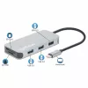 Manhattan USB-C dokstacija/cents ar karšu lasītāju, pieslēgvietas (x6): Ethernet, HDMI, USB-A (x3) un USB-C, ar strāvas padevi (100 W) USB-C pieslēgvietai (piezīme: nepieciešams papildu USB-C sienas lādētājs un USB-C kabelis), universāla visām ierīcēm, kabelis 15 cm, alumīnijs, sudraba