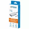 Manhattan USB-C dokstacija/cents ar karšu lasītāju, pieslēgvietas (x6): Ethernet, HDMI, USB-A (x3) un USB-C, ar strāvas padevi (100 W) USB-C pieslēgvietai (piezīme: nepieciešams papildu USB-C sienas lādētājs un USB-C kabelis), universāla visām ierīcēm, kabelis 15 cm, alumīnijs, sudraba