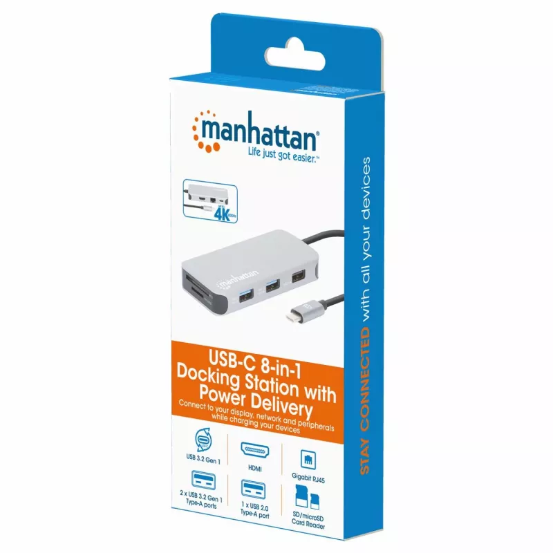 Manhattan USB-C dokstacija/cents ar karšu lasītāju, pieslēgvietas (x6): Ethernet, HDMI, USB-A (x3) un USB-C, ar strāvas padevi (100 W) USB-C pieslēgvietai (piezīme: nepieciešams papildu USB-C sienas lādētājs un USB-C kabelis), universāla visām ierīcēm, kabelis 15 cm, alumīnijs, sudraba