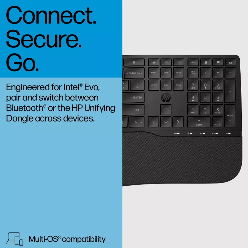 HP 685 Comfort Dual-Mode tastatūra, QWERTY, pilna izmēra (100%), bezvadu, RF bezvadu + Bluetooth, membrānas, QWERTY, melna