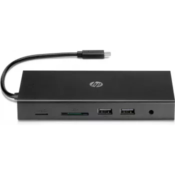 USB-C daudzportu centrmezgls HP Travel – HP 1C1Y5AA, USB-C savienotājs, HDMI 2.0, VGA, 1×RJ-45, 2×USB-A 3.2 Gen1, 2×USB 2.0, MicroSD lasītājs, Melns