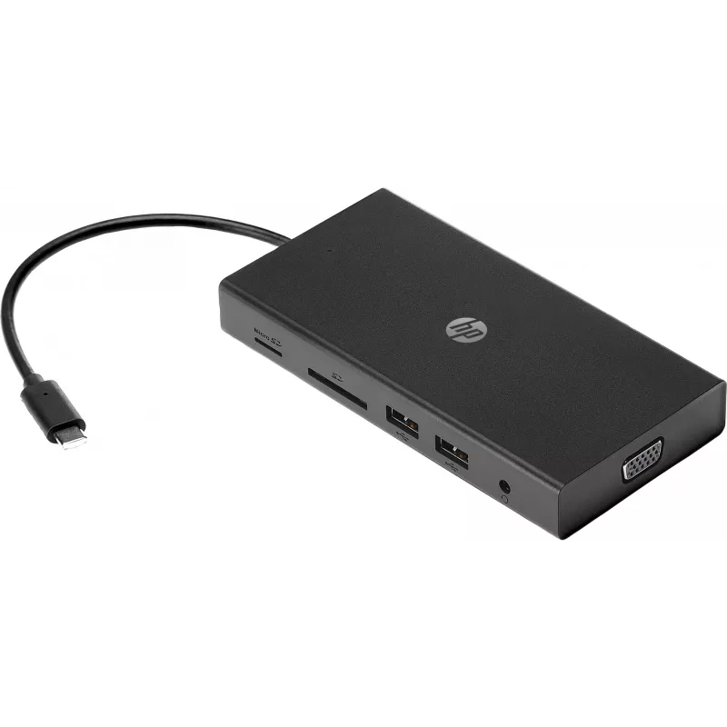 USB-C daudzportu centrmezgls HP Travel – HP 1C1Y5AA, USB-C savienotājs, HDMI 2.0, VGA, 1×RJ-45, 2×USB-A 3.2 Gen1, 2×USB 2.0, MicroSD lasītājs, Melns