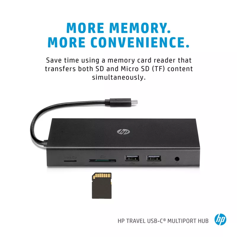 USB-C daudzportu centrmezgls HP Travel – HP 1C1Y5AA, USB-C savienotājs, HDMI 2.0, VGA, 1×RJ-45, 2×USB-A 3.2 Gen1, 2×USB 2.0, MicroSD lasītājs, Melns