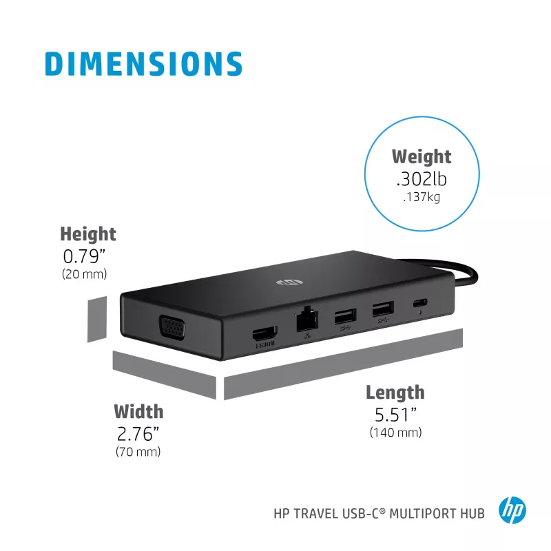 USB-C daudzportu centrmezgls HP Travel – HP 1C1Y5AA, USB-C savienotājs, HDMI 2.0, VGA, 1×RJ-45, 2×USB-A 3.2 Gen1, 2×USB 2.0, MicroSD lasītājs, Melns