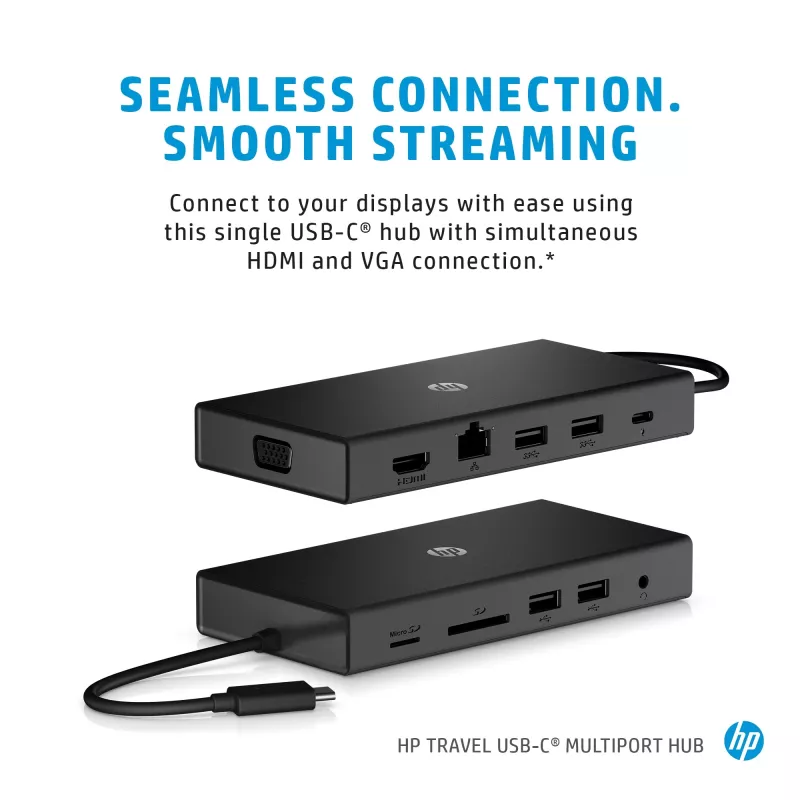 USB-C daudzportu centrmezgls HP Travel – HP 1C1Y5AA, USB-C savienotājs, HDMI 2.0, VGA, 1×RJ-45, 2×USB-A 3.2 Gen1, 2×USB 2.0, MicroSD lasītājs, Melns