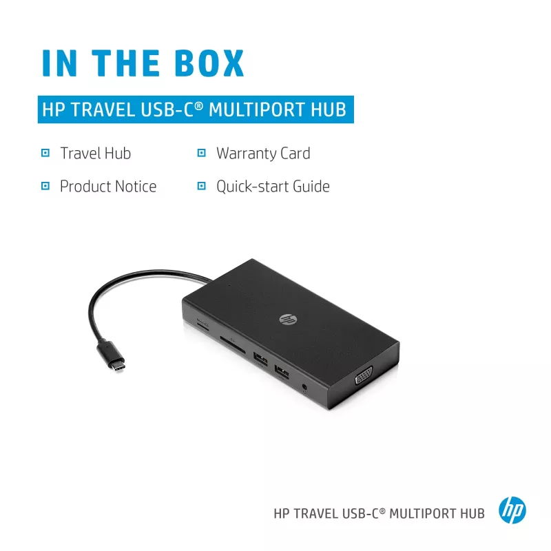 USB-C daudzportu centrmezgls HP Travel – HP 1C1Y5AA, USB-C savienotājs, HDMI 2.0, VGA, 1×RJ-45, 2×USB-A 3.2 Gen1, 2×USB 2.0, MicroSD lasītājs, Melns