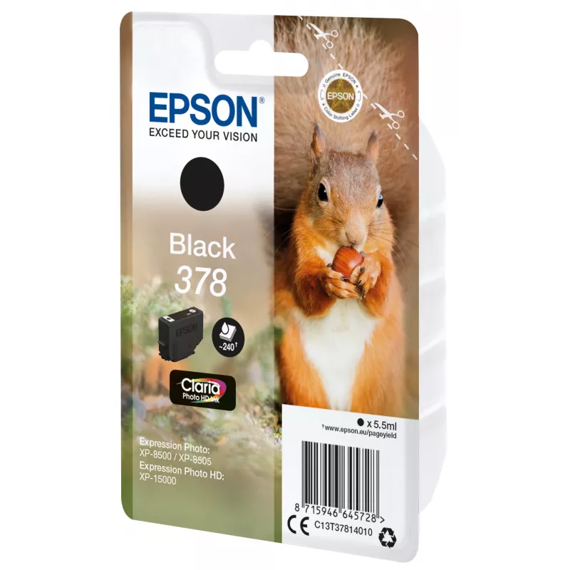Epson Squirrel Singlepack Black 378 Claria Photo HD tinte, standarta ietilpība, melna, pigmenta tinte, 5,5 ml, 1 gab., 240 lapas