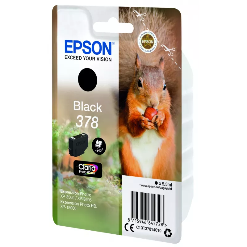 Epson Squirrel Singlepack Black 378 Claria Photo HD tinte, standarta ietilpība, melna, pigmenta tinte, 5,5 ml, 1 gab., 240 lapas
