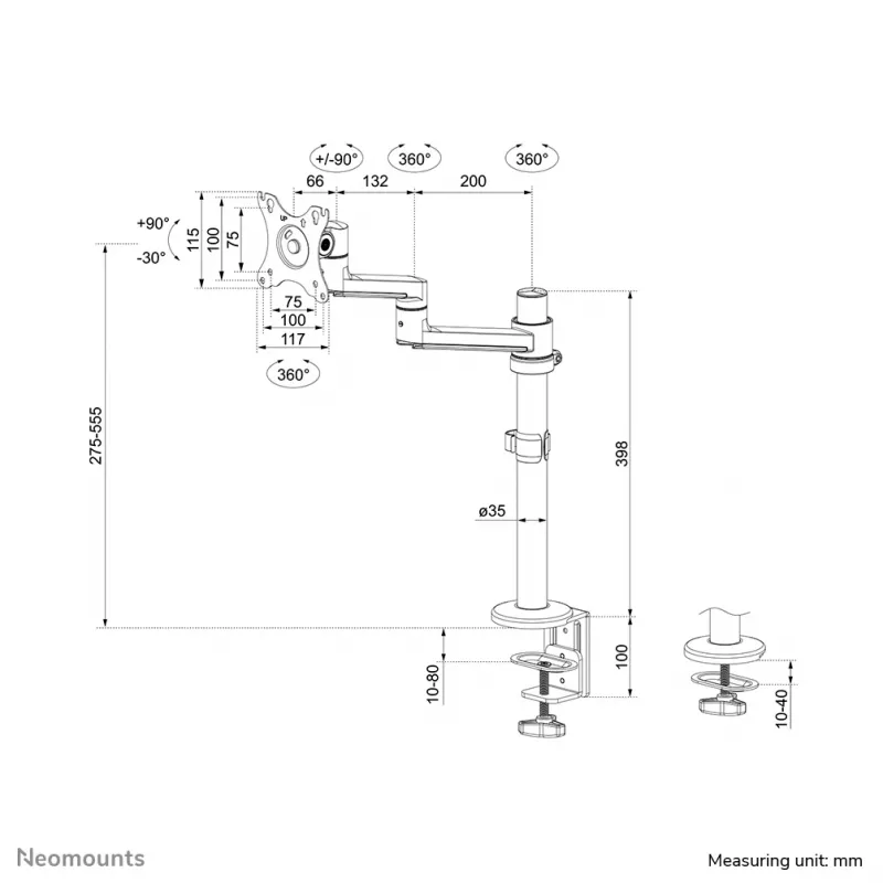 Neomounts DS60-425WH1 Monitora roka 17-27 collas - vietu taupoša, Clamp/Grommet, 8 kg, 43,2 cm (17 collas), 68,6 cm (27 collas), 100 x 100 mm, Balta