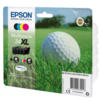 Epson Golf ball Multipack 4-krāsas 34XL DURABrite Ultra Ink, Augsta (XL) ražība, Melna, Ciāna, Fuksīna, Dzeltena, Pigmenta tinte, 16,3 ml, 10,8 ml, 1 gab.