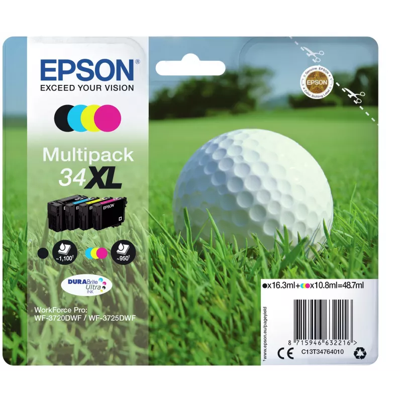 Epson Golf ball Multipack 4-krāsas 34XL DURABrite Ultra Ink, Augsta (XL) ražība, Melna, Ciāna, Fuksīna, Dzeltena, Pigmenta tinte, 16,3 ml, 10,8 ml, 1 gab.