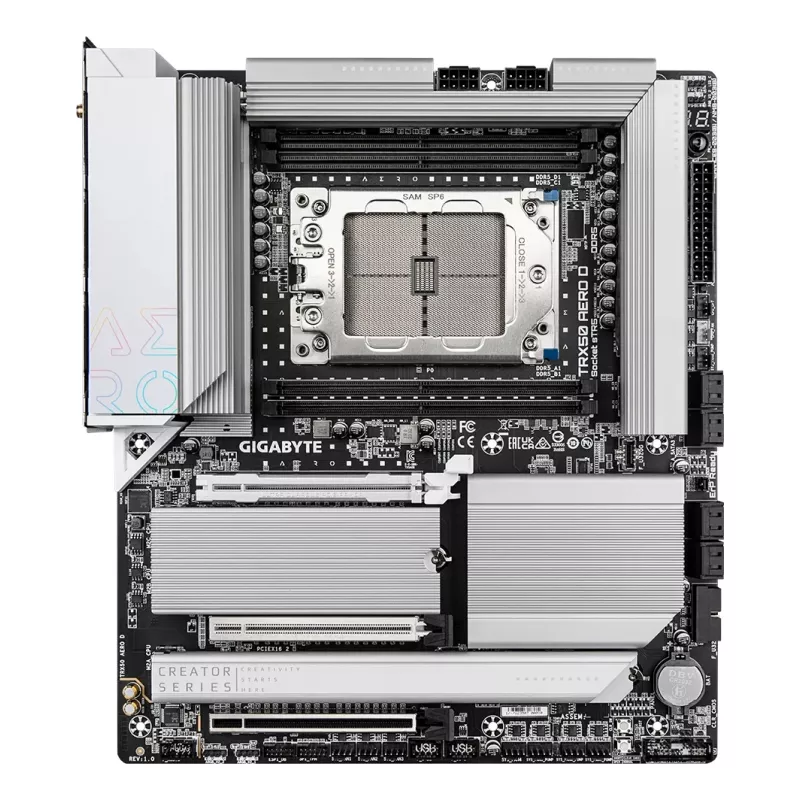 GIGABYTE TRX50 AERO D mātesplate - atbalsta AMD Ryzen Threadripper 9000 sērijas CPU, 16+8+4 fāžu digitālais VRM, līdz 7800MHz DDR5 (OC), 3xPCIe 5.0 + 1xPCIe 4.0 M.2, Wi-Fi 7, 10GbE LAN, USB4