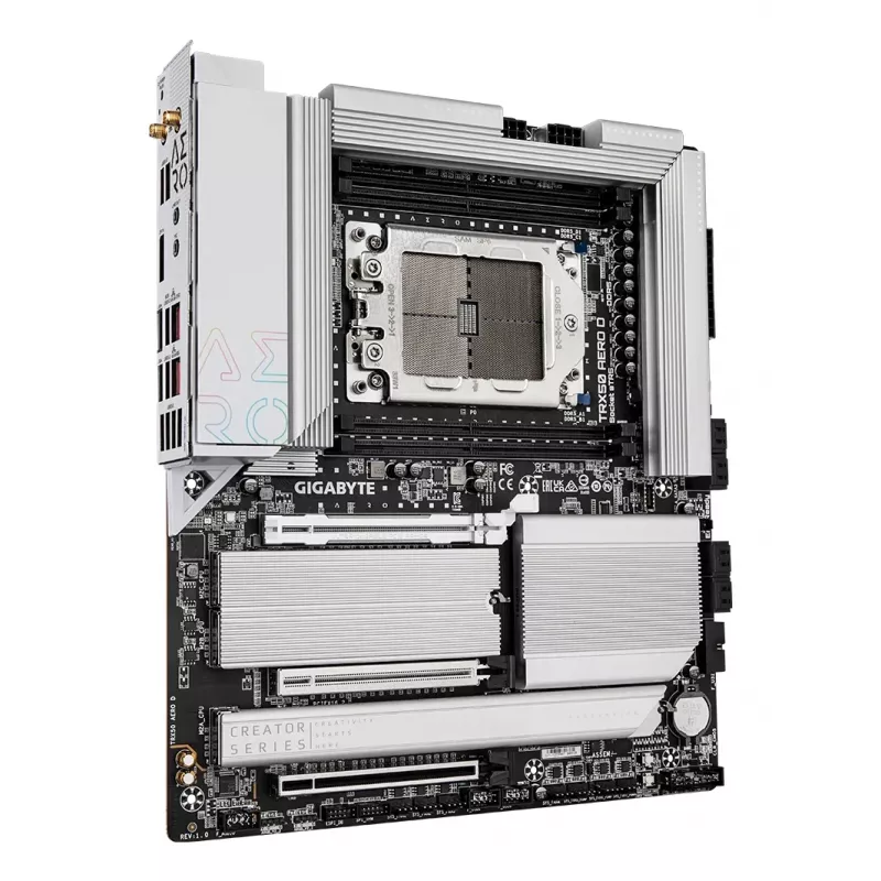 GIGABYTE TRX50 AERO D mātesplate - atbalsta AMD Ryzen Threadripper 9000 sērijas CPU, 16+8+4 fāžu digitālais VRM, līdz 7800MHz DDR5 (OC), 3xPCIe 5.0 + 1xPCIe 4.0 M.2, Wi-Fi 7, 10GbE LAN, USB4