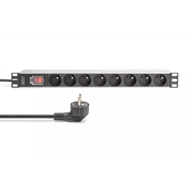 DIGITUS 1U alumīnija PDU, uzstādāms statnē, 8x CEE 7/5 nominālā jauda: 16A, 4000W, 250VAC 50/60Hz,