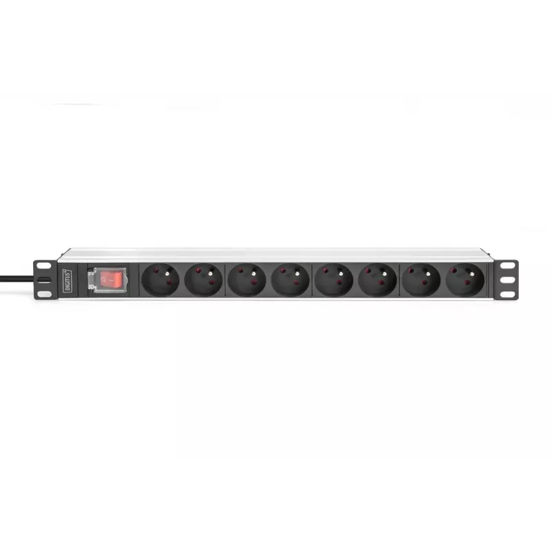 DIGITUS 1U alumīnija PDU, uzstādāms statnē, 8x CEE 7/5 nominālā jauda: 16A, 4000W, 250VAC 50/60Hz,