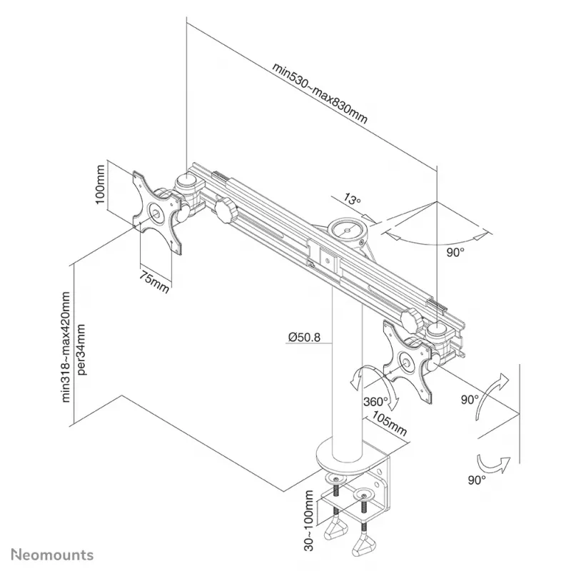 Neomounts FPMA-D700D Monitora roka 19-30 collas, Skava, 8 kg, 48,3 cm (19 collas), 76,2 cm (30 collas), 100 x 100 mm, Melna