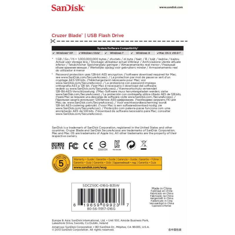 WESTERN DIGITAL SanDisk Cruzer Blade - 16GB USB zibatmiņa - USB 2.0 - balta