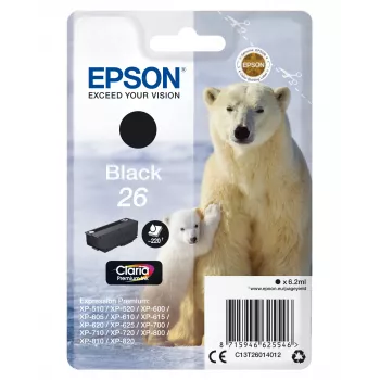 Epson Polārlāča viena iepakojuma melna 26 Claria Premium tinte, standarta ietilpība, melna, pigmenta tinte, 6,2 ml, 1 gab., 220 lapaspuses