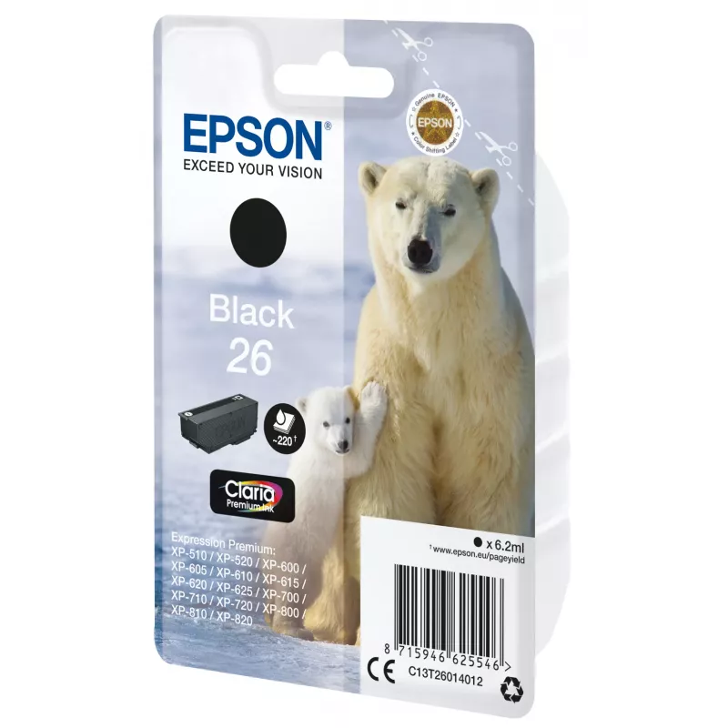 Epson Polārlāča viena iepakojuma melna 26 Claria Premium tinte, standarta ietilpība, melna, pigmenta tinte, 6,2 ml, 1 gab., 220 lapaspuses