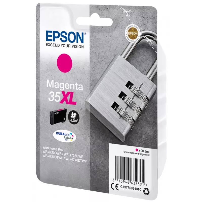 Epson Padlock Singlepack Magenta 35XL DURABrite Ultra Ink, augstas (XL) ietilpības, fuksīna, pigmenta tinte, 20,3 ml, 1 gab., 1900 lapas