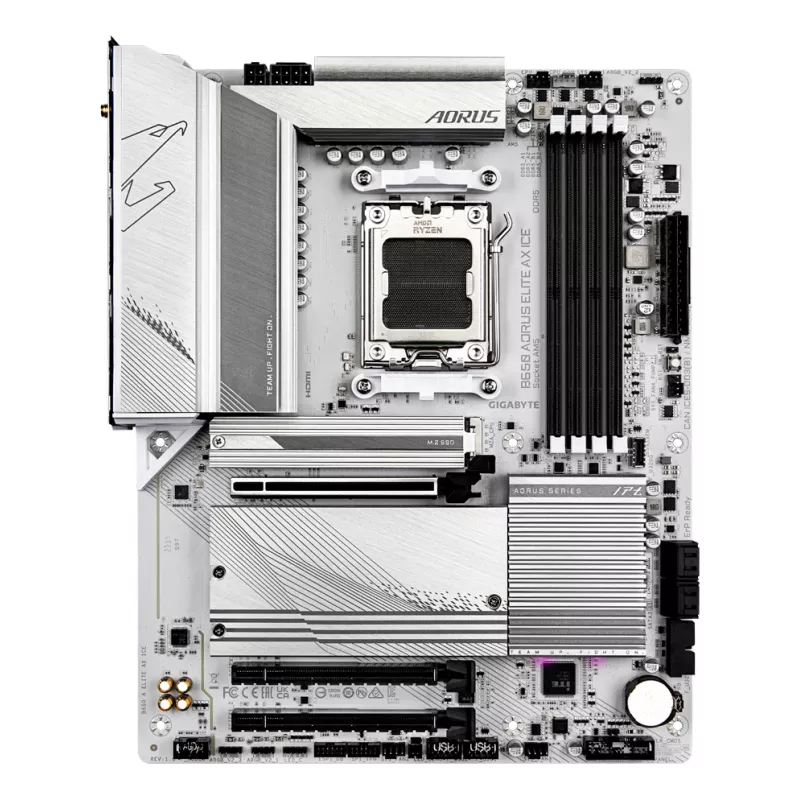 GIGABYTE B650 AORUS ELITE AX ICE mātesplate - atbalsta AMD Ryzen 9000 CPU, 12+2+2 fāžu digitālais VRM, līdz 8000MHz DDR5 (OC), 1xPCIe 5.0 + 2xPCIe 4.0 M.2, Wi-Fi 6E, 2.5GbE LAN, USB 3.2 Gen 2x2