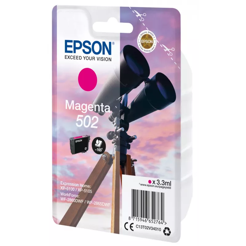 Epson vienpakas magenta 502 tinte, standarta iznākums, magenta, pigmenta tinte, 3,3 ml, 1 gab., 165 lapas