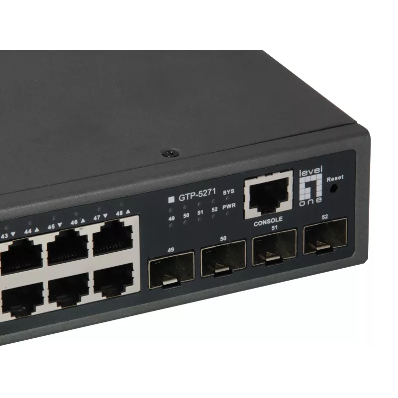 LevelOne 52-Port L3 Lite pārvaldīts Gigabit PoE slēdzis, 4 x 10GbE SFP+, 48 PoE izejas, 400W PoE jaudas budžets