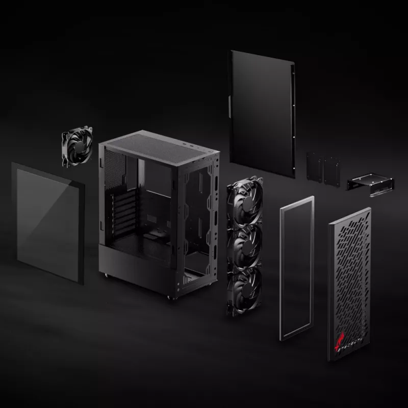 XPG VALOR AIR Mid-Tower Black, Midi Tower, PC, Melns, ATX, micro ATX, Mini-ATX, Oglekļa tērauds, Rūdīts stikls, 16.6 cm