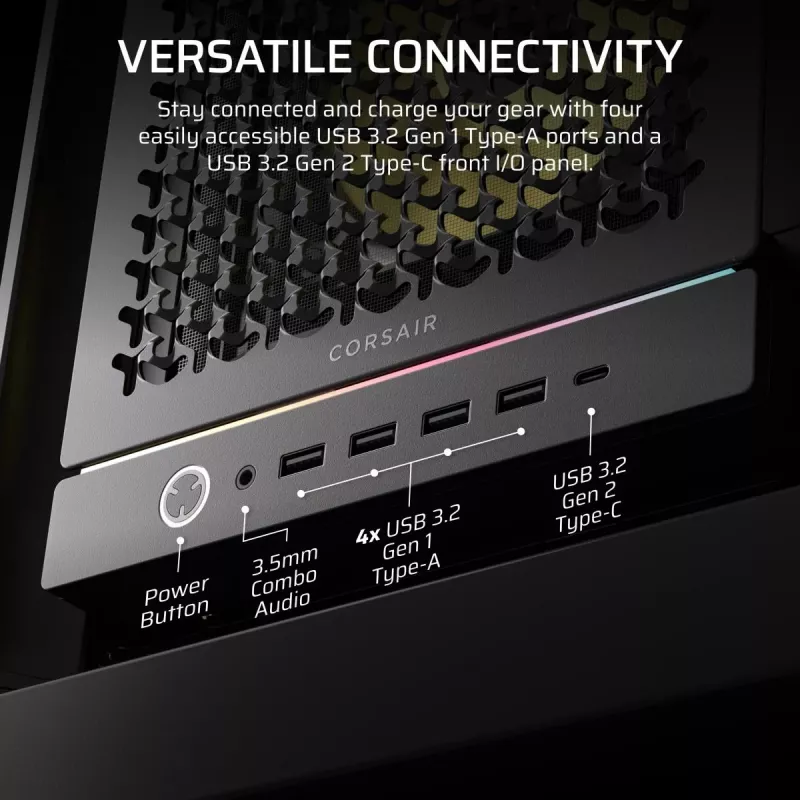 PC korpuss CORSAIR FRAME 5000D RS ARGB Midi Tower Melns — ATX, atbalsta 3x140mm priekšējos ventilatorus, 2.5/3.5 collu diskus