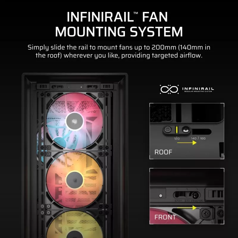 PC korpuss CORSAIR FRAME 5000D RS ARGB Midi Tower Melns — ATX, atbalsta 3x140mm priekšējos ventilatorus, 2.5/3.5 collu diskus