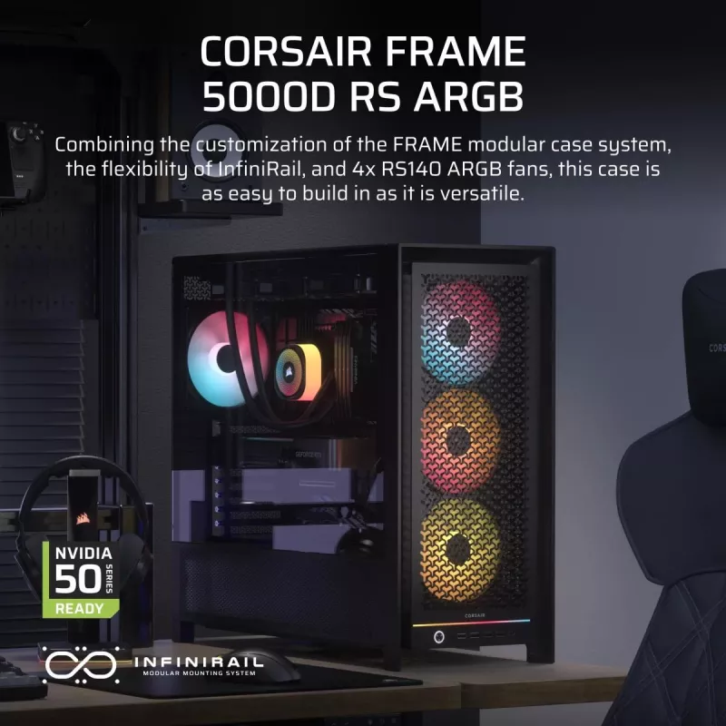 PC korpuss CORSAIR FRAME 5000D RS ARGB Midi Tower Melns — ATX, atbalsta 3x140mm priekšējos ventilatorus, 2.5/3.5 collu diskus