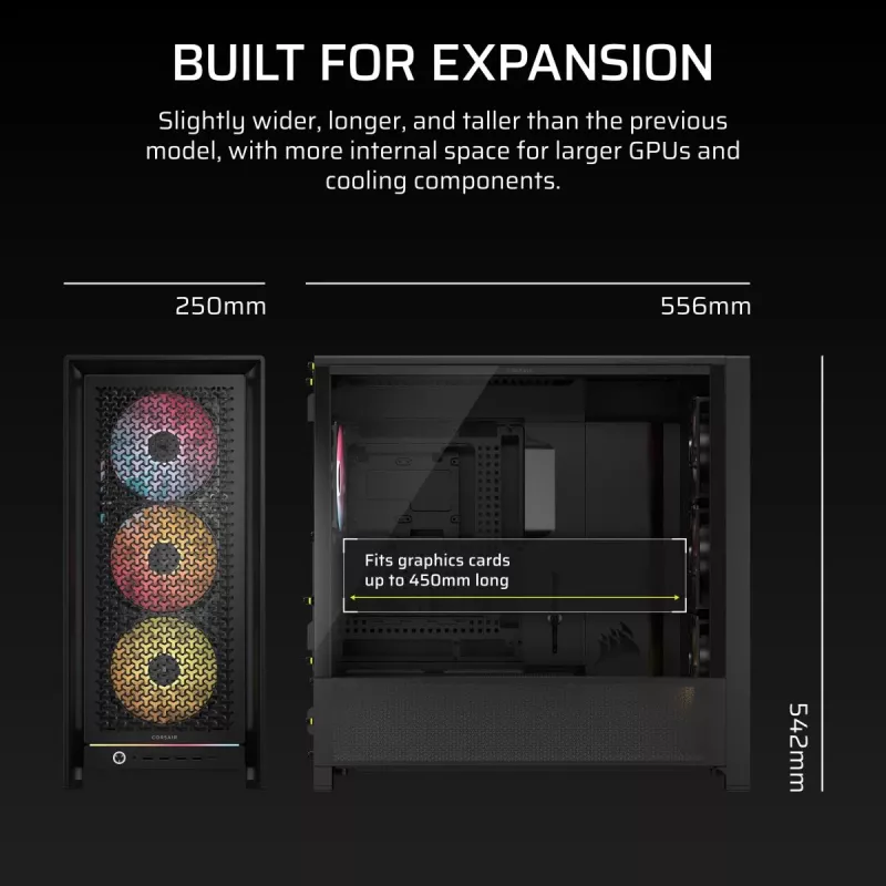 PC korpuss CORSAIR FRAME 5000D RS ARGB Midi Tower Melns — ATX, atbalsta 3x140mm priekšējos ventilatorus, 2.5/3.5 collu diskus