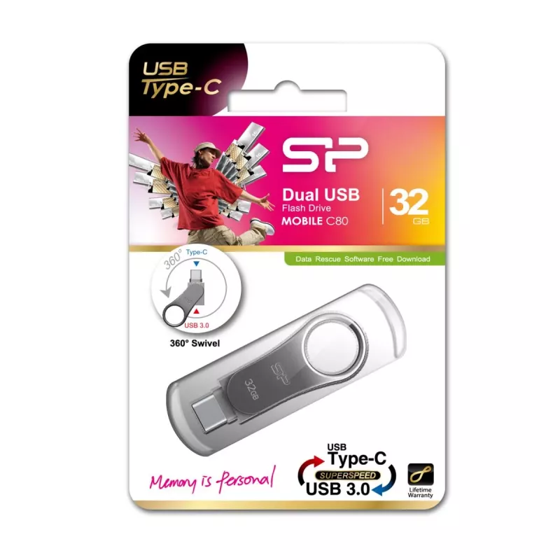 SILICON POWER Mobile C80 - 32GB Dual USB Stick - Type-c / Type-a - Pelēks