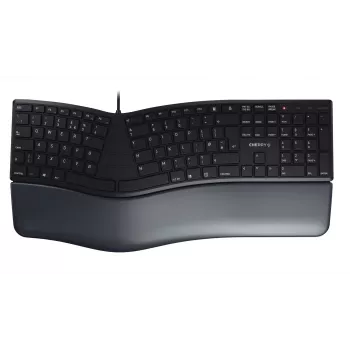 Vadu ergonomiska pilnizmēra tastatūra Cherry KC 4500 ERGO Melna USB QWERTY UK 109 taustiņi izliekts izkārtojums plaukstu balsts 1,8 m kabelis
