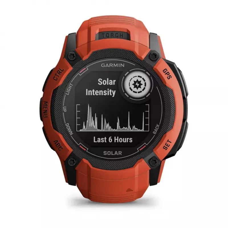 Viedpulkstenis GARMIN Instinct 2X Solar — sporta pulkstenis, 50 mm polimēra korpuss, saules uzlāde, GPS (GPS/GLONASS/Galileo), 10 ATM, silikona siksniņa