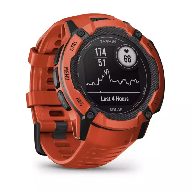 Viedpulkstenis GARMIN Instinct 2X Solar — sporta pulkstenis, 50 mm polimēra korpuss, saules uzlāde, GPS (GPS/GLONASS/Galileo), 10 ATM, silikona siksniņa
