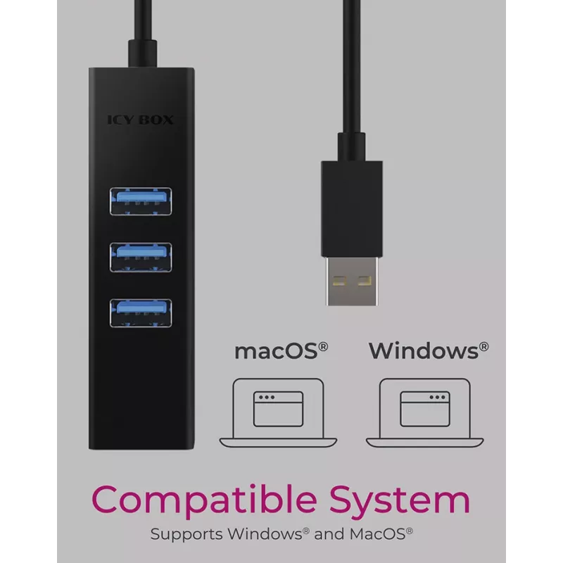 ICY BOX IB-HUB1419-LAN USB 3.2 Gen 1 (3.1 Gen 1) Type-A Melns