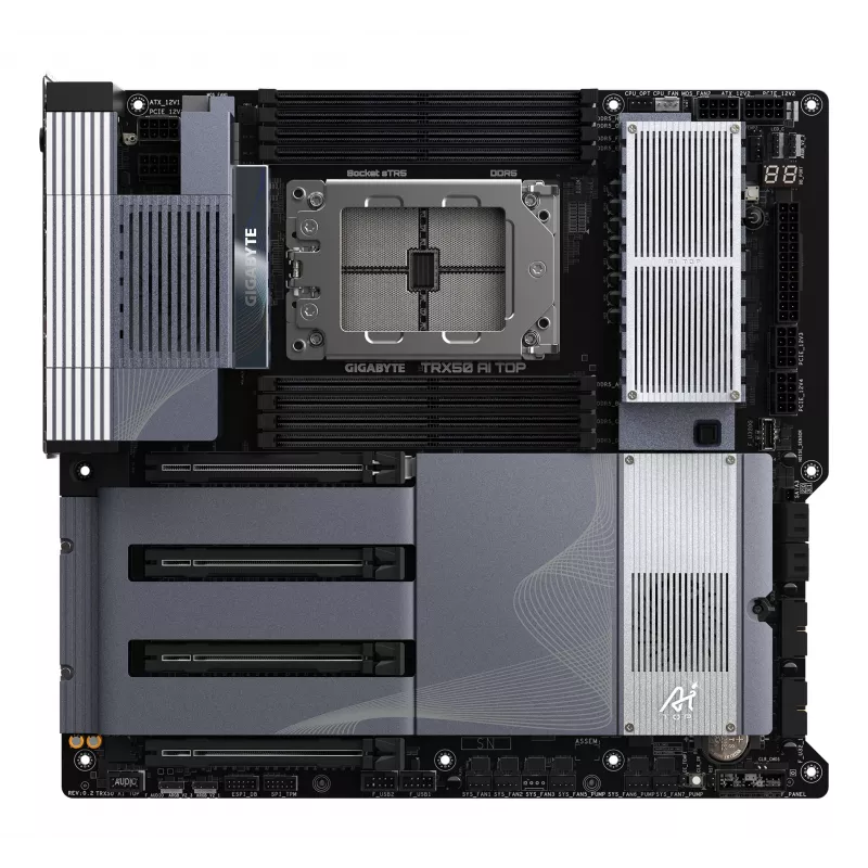 GIGABYTE TRX50 AI TOP-2B mātesplate - AMD Ryzen Threadripper PRO 7000 CPU, 16+8+4 fāžu digitālais VRM, līdz 5200 MHz DDR5, 4xPCIe 5.0 M.2, Wi-Fi 7, 10 GbE LAN, USB 4