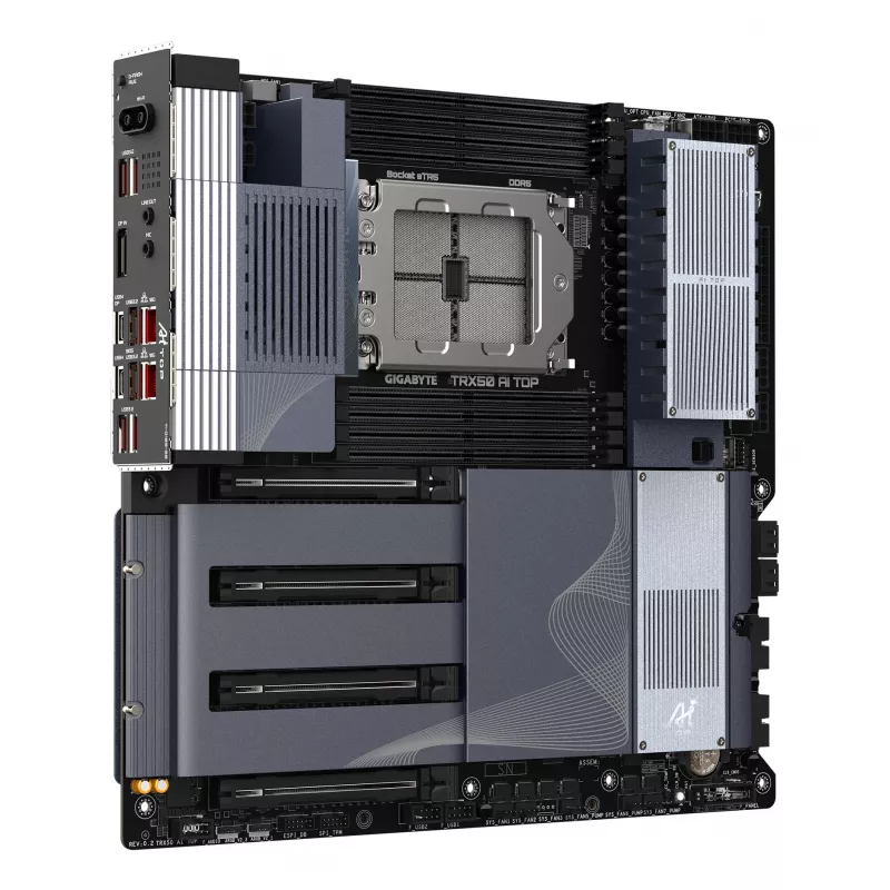 GIGABYTE TRX50 AI TOP-2B mātesplate - AMD Ryzen Threadripper PRO 7000 CPU, 16+8+4 fāžu digitālais VRM, līdz 5200 MHz DDR5, 4xPCIe 5.0 M.2, Wi-Fi 7, 10 GbE LAN, USB 4