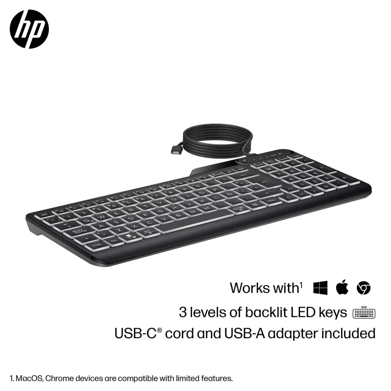 HP 405 daudzlietotāju fona apgaismojuma vadu tastatūra, pilna izmēra (100%), vadu, USB, membrānas, melna